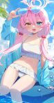  :d aamana0 absurdres bikini bikini_skirt blue_archive blue_eyes blue_jacket breasts day eyewear_on_head fang frilled_bikini frills hair_between_eyes hair_bobbles hair_ornament halo hand_up happy heterochromia highres holding holding_eyewear hoshino_(blue_archive) hoshino_(swimsuit)_(blue_archive) jacket knees_together_feet_apart long_hair midriff navel ocean off_shoulder open_clothes open_jacket outdoors palm_tree pink_hair sitting small_breasts smile soaking_feet stomach sunglasses sunlight swimsuit thigh_gap tree twintails very_long_hair water white_bikini yellow_eyes 