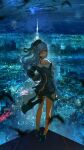  1girl absurdres advarcher beret black_jacket blue_eyes blue_hair building choker city cityscape cloud commentary english_commentary hat high_heels highres hololive hoshimachi_suisei hoshimachi_suisei_(3rd_costume) jacket long_sleeves looking_at_viewer looking_back medium_hair night night_sky off_shoulder on_rooftop orange_pantyhose outdoors pantyhose shooting_star sky skyline skyscraper star_(sky) starry_sky v virtual_youtuber 