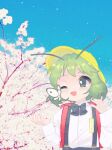  1girl :d aged_down alternate_costume antennae bangs black_bow black_bowtie blush bow bowtie bug butterfly buttons cherry_blossoms commentary_request green_eyes green_hair hat juliet_sleeves kari_(atsuki_565) long_sleeves one_eye_closed open_mouth petals puffy_sleeves school_hat shirt short_hair smile solo suspenders touhou upper_body white_butterfly white_shirt wriggle_nightbug 