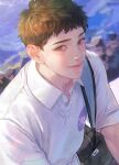  1boy black_bag brown_eyes brown_hair character_request closed_mouth collared_shirt copyright_request jnkku male_focus nike ocean polo_shirt shirt short_hair solo white_shirt 