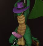  2023 3d_(artwork) absurd_res anthro aroused balls belly big_balls big_penis blender_(software) blender_eevee bodily_fluids clothing collar cum cum_drip dancing digital_media_(artwork) dragon dripping erection fedora genital_fluids genitals green_body green_scales grin hat hat_over_eyes headgear headwear henry_(henrycharizardboi) henrycharizardboi hi_res lizard male penis pink_penis pinup pole pole_dancing pose purple_clothing purple_hat purple_headwear reptile scales scalie smile solo spiked_collar spikes western_dragon yellow_belly 