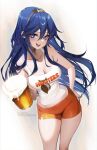  1girl bare_shoulders beer_mug blue_eyes blue_hair breasts cleavage collarbone commentary cup fire_emblem fire_emblem_awakening hair_between_eyes highres hooters long_hair looking_at_viewer lucina_(fire_emblem) medium_breasts mug no_legwear open_mouth orange_shorts short_shorts shorts sidelocks smile solo symbol-only_commentary thighs tiara tofuubear 
