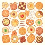  animal-themed_food animal_ears animal_focus artist_name bear bear_ears blush_stickers brown_eyes cherry commentary cookie english_commentary english_text floral_background food food_focus fruit meringue mixed-language_commentary no_humans original pretzel solid_oval_eyes star-shaped_cookie white_background 