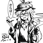  1girl arknights artist_name closed_eyes coat dated deerstalker greyscale gun handgun hat highres holding holding_gun holding_smoking_pipe holding_weapon may_(arknights) monochrome necktie open_mouth pov rectangular_eyewear rryy short_hair_with_long_locks smoke smoking_gun smoking_pipe solo translation_request weapon 