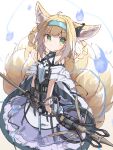  1girl absurdres ahoge animal_ear_fluff animal_ears apron arknights bare_shoulders blonde_hair blue_fire blue_hairband braid brown_background closed_mouth commentary_request fire fox_ears fox_girl fox_tail gradient_background green_eyes hair_rings hairband highres hitodama holding multicolored_hair nalphanne purple_skirt shirt sidelocks skirt solo suzuran_(arknights) tail twin_braids two-tone_hair v-shaped_eyebrows waist_apron white_apron white_background white_hair white_shirt 