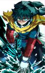  129akopricot 1boy absurdres aqua_eyes belt belt_pouch black_whip_(boku_no_hero_academia) blurry bodysuit boku_no_hero_academia bright_pupils cape chromatic_aberration closed_mouth commentary depth_of_field eye_trail floating_cape freckles full_body gloves glowing glowing_eyes green_bodysuit green_hair hair_between_eyes hand_on_ground highres leaning_forward light_trail looking_at_viewer male_focus mask mask_on_head midoriya_izuku official_alternate_costume pouch red_belt serious shallow_water short_hair signature snap-fit_buckle solo splashing spoilers squatting tendril torn_cape torn_clothes torn_mask torn_sleeves utility_belt v-shaped_eyebrows wading water water_drop white_background white_gloves white_pupils yellow_cape 