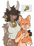  anthro bovid bovine breasts brown_body brown_fur brown_hair canid canine cattle clothing duo female fox fur hair hair_over_eyes helregin hi_res horn male mammal obstructed_eyes one_eye_closed open_mouth orange_body orange_fur panties shirt simple_background topwear underwear 