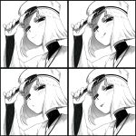  1girl bob_cut fate/grand_order fate_(series) forked_eyebrows hair_lift hand_fan hat highres hikimayu monochrome nagi_ria sen_no_rikyu_(fate) thick_eyebrows tongue tongue_out 