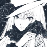  1girl :| absurdres apu-chm closed_mouth expressionless flower greyscale hair_between_eyes hand_on_own_shoulder hat hat_flower highres long_bangs long_hair looking_at_viewer monochrome original portrait shirt solo straight_hair 
