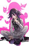  1boy 2023 black_footwear black_hair buttons checkered_clothes checkered_scarf danganronpa_(series) danganronpa_v3:_killing_harmony dated double-breasted flipped_hair grey_jacket grey_pants grin hair_between_eyes highres jacket legs_apart long_sleeves ouma_kokichi pants pink_background pink_eyes purple_footwear purple_hair scarf smile solo teeth translation_request white_background willfin 