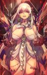  1girl bare_shoulders body_markings bracelet breasts chain cleavage durga_(fate) dynamitenatalia earrings fate/grand_order fate_(series) gem gloves gold gold_chain gold_earrings jewelry large_breasts long_hair looking_at_viewer navel red_eyes red_gloves red_ribbon revealing_clothes ribbon sidelocks signature smile snake thighs weapon white_hair white_snake wide_hips 