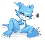  2023 5_fingers anthro anus bandai_namco blue_arms blue_fingers blue_hands blue_legs blue_tail butt claws digimon digimon_(species) feet fingers nude one_eye_closed pink_anus shoru soles tail teeth veemon white_claws 