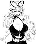 1girl absurdres breasts cleavage commentary_request cowboy_shot curvy garter_straps groin hat hat_ribbon high_contrast highres himajin_noizu huge_breasts long_hair looking_at_viewer mob_cap monochrome navel panties parted_lips ribbon sidelocks skindentation solo thighhighs touhou underwear yakumo_yukari 