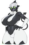  angry big_breasts black_body black_hair bodily_fluids breasts cross-popping_vein curvy_figure female gloves_(marking) green_eyes hair hands_on_hips hi_res huge_breasts humanoid markings multicolored_body multicolored_hair navel nipples no_irises no_pupils nude open_mouth sharp_teeth signature solo space_zin spade_tail sweat sweatdrop tail teeth thick_thighs tongue unknown_species voluptuous voluptuous_female white_body white_hair wide_hips 