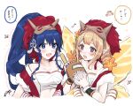  2girls bandages bare_shoulders blonde_hair blue_eyes blue_hair chest_sarashi collarbone drum fairy_wings fire_emblem fire_emblem:_the_sacred_stones fire_emblem_heroes highres holding instrument long_hair mask mask_on_head midriff misato_hao multiple_girls official_alternate_costume peony_(fire_emblem) peony_(flame)_(fire_emblem) pointy_ears ponytail purple_eyes rope_belt sarashi signature stomach strapless tana_(fire_emblem) tana_(flame)_(fire_emblem) translation_request tube_top upper_body wings wrist_wrap 