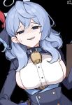  1girl ako_(blue_archive) anger_vein angry annoyed bell blue_archive blue_hair blue_jacket breasts clipboard collar cowbell forced_smile hair_between_eyes halo highres holding holding_clipboard jacket looking_at_viewer myeolchi open_mouth sideboob signature smile solo 