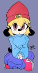  2022 anthro beanie big_breasts big_eyes black_nose blonde_hair blue_bottomwear blue_clothing blue_pants blue_sweater blue_topwear bottomwear breasts canid canine canis clothed clothing crossgender domestic_dog female floppy_ears footwear fur hair hat headgear headwear ikarapopsicle kemono looking_at_viewer mammal mtf_crossgender pants parappa parappa_the_rapper red_clothing red_footwear red_shoes shoes signature sitting solo sony_corporation sony_interactive_entertainment sweater tail tan_body tan_fur topwear 