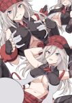  1girl alisa_ilinichina_amiella bare_shoulders beret black_gloves blue_eyes blush breasts cleavage clenched_teeth covered_nipples disembodied_limb fingerless_gloves gloves god_eater god_eater_burst grabbing grabbing_another&#039;s_breast grey_hair hat highres large_breasts long_hair looking_at_viewer multiple_views navel shiseki_hirame teeth underboob vest 