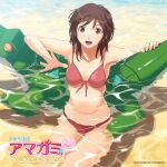  1girl :d album_cover amagami armpits bare_shoulders bikini brown_eyes brown_hair collarbone commentary_request copyright copyright_name cover dated floating from_above front-tie_bikini_top front-tie_top heart highres inflatable_crocodile inflatable_toy looking_at_viewer medium_hair navel ocean official_art open_mouth partially_submerged pink_bikini reaching reaching_towards_viewer red_bikini sakurai_rihoko sand smile solo swimsuit takayama_kisai teeth upper_teeth_only water wet wet_hair 
