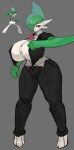  absurd_res big_breasts bottomwear breasts clothing female frown gallade generation_4_pokemon green_body green_hair hair hi_res huge_breasts humanoid looking_at_viewer nintendo pants pink_eyes pokemon pokemon_(species) shirt simple_background solo standing topwear white_body yboon 
