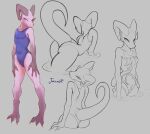  2021 anthro blue_clothing blue_swimwear butt clothing digital_media_(artwork) female flat_chested grey_background hi_res horn jarnqk kobold lya_(jarnqk) multiple_poses pink_body pose signature simple_background solo swimwear tentacles water 