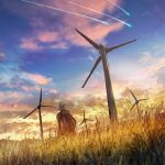  1boy backpack bag blonde_hair blue_sky brown_jacket cloud highres jacket original outdoors scenery shooting_star short_hair sky walking wheat_field wind_turbine yamaneko8686 