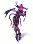 1girl armor biting bodysuit breasts chain citemer clenched_teeth cuffs dragon_girl dragon_horns dragon_tail dragon_wings full_body harness highres holding holding_leash horns large_breasts leash leash_pull long_hair original pointy_ears purple_eyes purple_hair saddle saliva shackles shoulder_armor signature solo tail teeth thigh_strap wings 