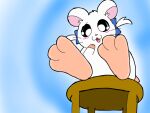  bijou_(hamtaro) blush cricetid feet female feral foot_focus fur furniture hamster hamtaro_(series) looking_at_viewer looking_down looking_down_at_viewer low-angle_view mammal ribbons rodent simple_background sitting solo stool story story_in_description white_body white_fur yarnfeathers 