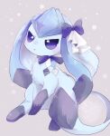  absurdres artist_name banchiku blue_bow blue_eyes blue_fur blue_ribbon blush bow choker ears_down full_body glaceon grey_background highres leg_up no_humans parted_lips pokemon pokemon_(creature) ribbon ribbon_choker simple_background sitting snowflakes solo symbol_in_eye 