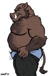  angry anthro bottomwear bulge chubby_male clothing hi_res looking_down_at_penis male mammal mature_male musclegut nanoff pants putting_on_clothes shirtless side_view solo suarez_(nanoff) suid suina sus_(pig) underwear wild_boar 
