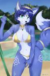  2023 anthro big_breasts bikini blue_body blue_fur breasts canid canine clothing curvy_figure digital_media_(artwork) female fox fur green_eyes hair hi_res hourglass_figure jewelry krystal looking_at_viewer mammal markings mitsu-inu multicolored_body necklace nintendo poolside short_hair smile solo star_fox swimwear tail tribal tribal_markings two_tone_body water wet 