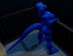  2021 3_toes 3d_(artwork) anthro balcony big_breasts blender_(software) blue_body blue_scales blue_skin breasts butt deck_(structure) digital_media_(artwork) featureless_breasts feet female first_person_view hand_on_railing herm_(lore) high-angle_view intersex_(lore) june_(justathereptile) justathereptile komodo_dragon lizard looking_at_viewer monitor_lizard night non-mammal_breasts nude outdoor_nudity outside railing red_eyes reptile scales scalie scutes solo tail toes wall_(structure) watermark 