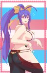  1girl absurdres blazblue blazblue_remix_heart blazblue_variable_heart bow breasts butt_crack hair_between_eyes hair_bow highres large_breasts long_hair looking_at_viewer mai_natsume nervous pink_eyes ponytail purple_hair shirt sideboob transgender_flag twilthero very_long_hair white_shirt 