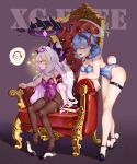  2girls absurdres ahoge ako_(blue_archive) alternate_costume arm_support armband armchair arona&#039;s_sensei_doodle_(blue_archive) bent_over black_footwear black_pantyhose blue_archive blue_eyes blue_hair book breasts chair commentary_request demon_girl demon_horns fake_tail gradient_background groin hair_between_eyes hair_ornament hairband hairclip halo high_heels highleg highleg_leotard highres hina_(blue_archive) horns large_breasts leotard long_hair looking_at_another multiple_girls pantyhose parted_bangs playboy_bunny purple_eyes rabbit_tail red_armband sensei_(blue_archive) shoes shoes_removed sidelocks sitting sleeveless small_breasts spoken_character strapless strapless_leotard tail thighlet wavy_hair white_hair xg_epee 