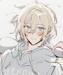  1boy 1other aqua_eyes blonde_hair blush closed_mouth eichi_turnr ensemble_stars! grey_hoodie highres hood hood_down hoodie looking_at_viewer looking_up lying male_focus multicolored_clothes multicolored_hoodie on_back pillow pov short_hair tenshouin_eichi white_hoodie 