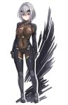  1girl 621_(armored_core_6) absurdres armored_core armored_core_6 black_bodysuit bodysuit breasts brown_bodysuit brown_gloves closed_mouth commentary_request covered_navel full_body gloves grey_footwear grey_hair hair_intakes hair_ornament hair_over_one_eye hairclip highres large_breasts long_sleeves looking_at_viewer miyuki_rei red_eyes shoes simple_background solo standing torn_bodysuit torn_clothes white_background 