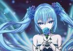  1girl absurdres assiette47 blue_eyes blue_flower blue_hair blue_rose blurry blurry_background collarbone floating_hair flower hair_between_eyes hair_flower hair_ornament hatsune_miku highres holding holding_flower long_hair looking_at_viewer plant rose snowing solo strapless twintails upper_body very_long_hair vines vocaloid 