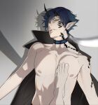  2boys abs ark1478 arknights bishounen blue_hair dark_blue_hair defeat demon_boy demon_horns doctor_(arknights) earrings flamebringer_(arknights) highres horns jewelry katana looking_at_viewer male_focus multiple_boys nipples orange_eyes oripathy_lesion_(arknights) parted_lips pectorals pointy_ears short_hair simple_background stepped_on sword toned toned_male weapon yaoi 