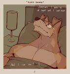  anthro bed brown_body brown_fur canid canine english_text fur furniture furniture_lamp hi_res male mammal on_bed pillow solo text wolfanine 