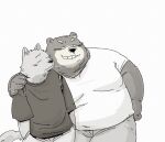  2023 anthro bear belly big_belly blush bottomwear canid canine canis clothing domestic_dog duo embrace eyes_closed hi_res hug kemono male mammal overweight overweight_male pants pommn_mn shirt topwear 