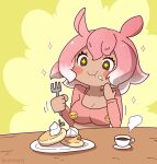  1girl black_eyes blush coffee coffee_cup coroha cup disposable_cup eating extra_ears food fork japanese_pancake_devilfish_(kemono_friends) kemono_friends multicolored_hair pancake pink_hair pink_shirt shirt short_hair simple_background solo sweets table two-tone_hair white_hair yellow_background 
