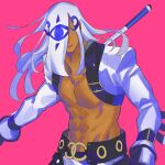  1boy blue_eyes cue_stick dark-skinned_male dark_skin guilty_gear guilty_gear_xrd guilty_gear_xx hair_over_one_eye highres holding_cue_stick long_hair long_sleeves looking_at_viewer luci_omi_gusu male_focus pectorals pink_background simple_background venom_(guilty_gear) white_hair 
