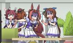  4girls animal_ears aston_machan_(umamusume) blue_eyes bow bowtie brown_eyes brown_hair controller crown ear_covers ear_ornament flipped_hair flower frilled_skirt frills game_controller gloom_(expression) green_bow hair_bow hair_flower hair_intakes hair_ornament hamu_koutarou highres horse_ears horse_girl horse_tail horseshoe_ornament kawakami_princess_(umamusume) king_halo_(umamusume) long_hair mini_crown multiple_girls pleated_skirt puffy_short_sleeves puffy_sleeves purple_bow purple_bowtie purple_hair purple_serafuku purple_shirt red_hair sailor_collar sailor_shirt sakura_chiyono_o_(umamusume) school_uniform serafuku shirt short_hair short_sleeves skirt tail tracen_school_uniform turn_pale umamusume wavy_mouth white_skirt 