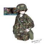  1girl bag brown_hair buckle camouflage cold_war english_text freckles gameplay_mechanics helmet highres load_bearing_equipment military military_uniform uniform united_states_army warno watch weimar_29 yellow_eyes 