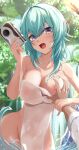  1boy 1girl absurdres arched_back asymmetrical_hair blue_hair blue_nails blurry blurry_background camera collarbone covered_navel covering_privates eula_(genshin_impact) genshin_impact grabbing grabbing_another&#039;s_breast gradient_eyes groin guided_breast_grab guiding_hand hair_between_eyes highres holding holding_camera long_hair looking_at_viewer multicolored_eyes nail_polish nipples nude_cover obanana_(ahap7438) open_mouth outdoors pov pov_hands purple_eyes revision song_of_broken_pines_(genshin_impact) teeth upper_teeth_only wet wet_towel white_towel 