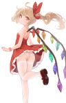  1girl absurdres ahoge ass blonde_hair brown_footwear closed_mouth crystal dress flandre_scarlet foot_out_of_frame frilled_dress frills hair_between_eyes highres long_hair one_side_up panties red_dress red_eyes shoes simple_background smile solo strapless strapless_dress touhou underwear wangyq white_background white_panties wings 