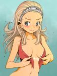  1girl anlucea blonde_hair blue_eyes blush breasts closed_mouth collarbone dragon_quest dragon_quest_x hairband highres long_hair looking_at_viewer mole mole_under_mouth muramasa_mikado revealing_tanlines simple_background smile solo swimsuit tan tanlines undressing 