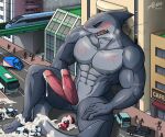  2_penises abs absurd_res alkan anthro big_muscles big_pecs black_eyes bodily_fluids city city_background city_crushing cum cum_on_body cum_on_car cum_on_feet cum_on_ground cum_on_tail cumshot ejaculation erection fish genital_fluids genitals grey_body hi_res lamniform male marine megalodon moobs multi_genitalia multi_penis multicolored_body muscular muscular_anthro muscular_male navel nipples nude nude_anthro nude_male open_mouth outside pecs penis pink_penis red_eyes shark sitting sitting_on_ground solo tail 