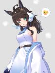  1girl ahoge black_hair blue_eyes blush breasts commentary_request daring_tact_(umamusume) emoji hair_ornament highres horse_girl jacket jacket_removed kashmir_0808 long_hair looking_at_viewer medium_breasts open_mouth sleeveless solo steaming_body sweat umamusume 