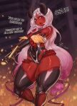  clothing demon demon_humanoid female flat_chested hair hi_res horn horned_humanoid huge_hips huge_thighs humanoid legwear leotard long_hair ourobot pink_eyes red_body short_stack solo thick_thighs thigh_highs white_hair wide_hips 